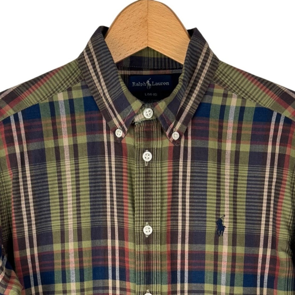 Ralph Lauren Boys Plaid Button Down Shirt Green Navy Red L 14-16 Cotton NEW